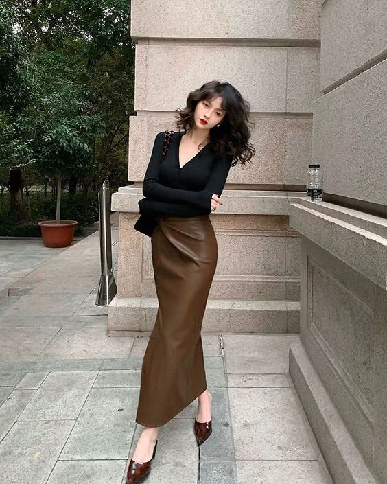 Black Top with Dark Brown Maxi Skirt 